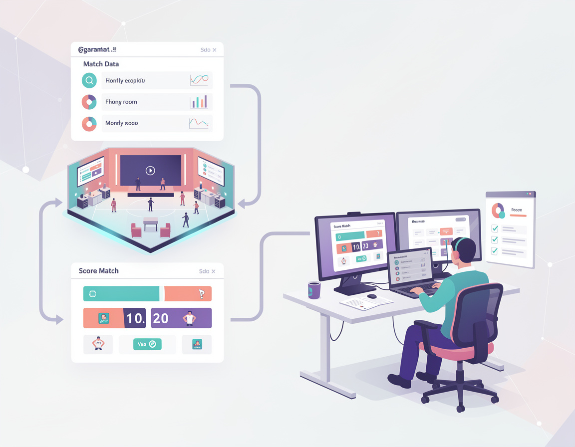 Ilustrasi alur bukti skor untuk admin review untuk garam4d dengan bracket, room match, screenshot skor, dan verifikasi admin